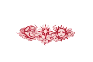 Moon, Sun, and Rising Star in the same red stencil aesthetic, with the smoke weaving through and overlapping each celestial symbol so they feel like a cohesive set for sternum placement. The Rising Star specifically incorporates the same flowing ribbon effect you liked in the Moon and Sun references. tattoo idea