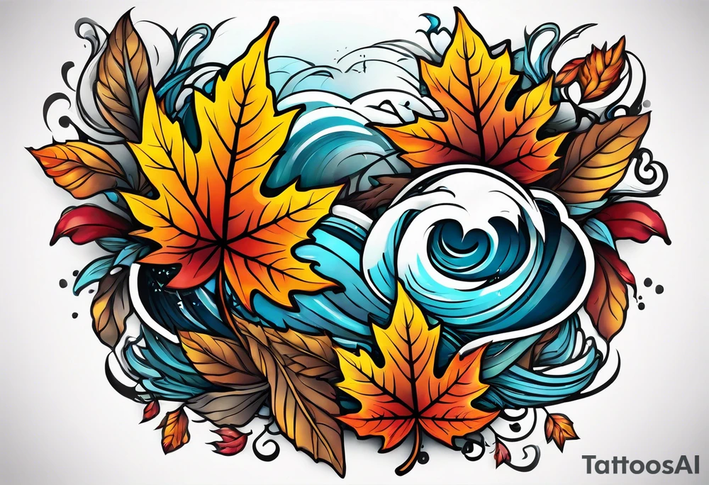thigh tattoo with fall colors showing leaves, flowers, water flow and sky tattoo idea