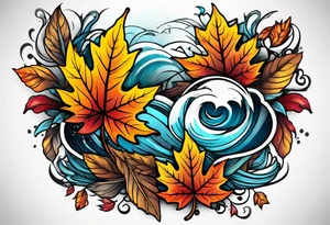 thigh tattoo with fall colors showing leaves, flowers, water flow and sky tattoo idea