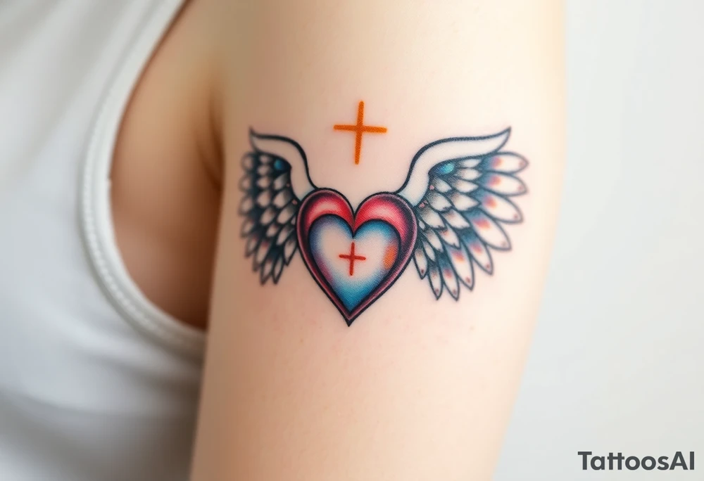 dainty catholic sacred heart with angel wings tattoo idea