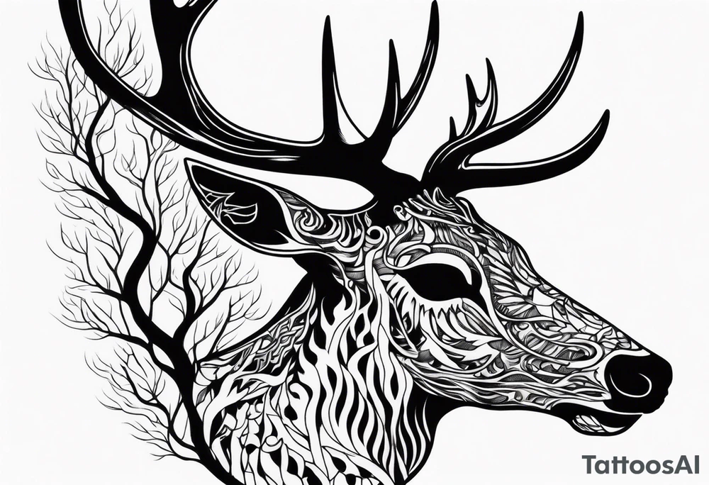 side profile of a deer skeleton JUST BONE surrounded by a flames and trees tattoo idea