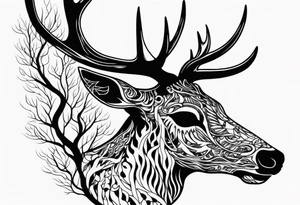 side profile of a deer skeleton JUST BONE surrounded by a flames and trees tattoo idea