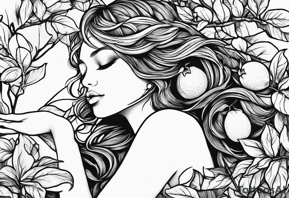 Fairy asleep on the branch of a lemon tree. tattoo idea