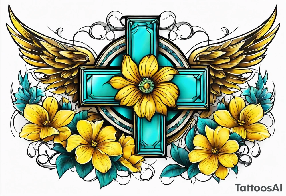 Winged cross surrounded by yellow and aqua flowers tattoo idea