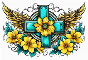 Winged cross surrounded by yellow and aqua flowers tattoo idea