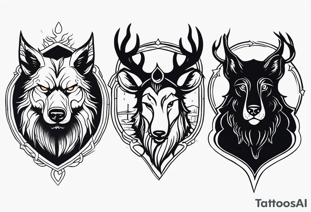 A Werewolf, a black dog, a rat and stag tattoo idea
