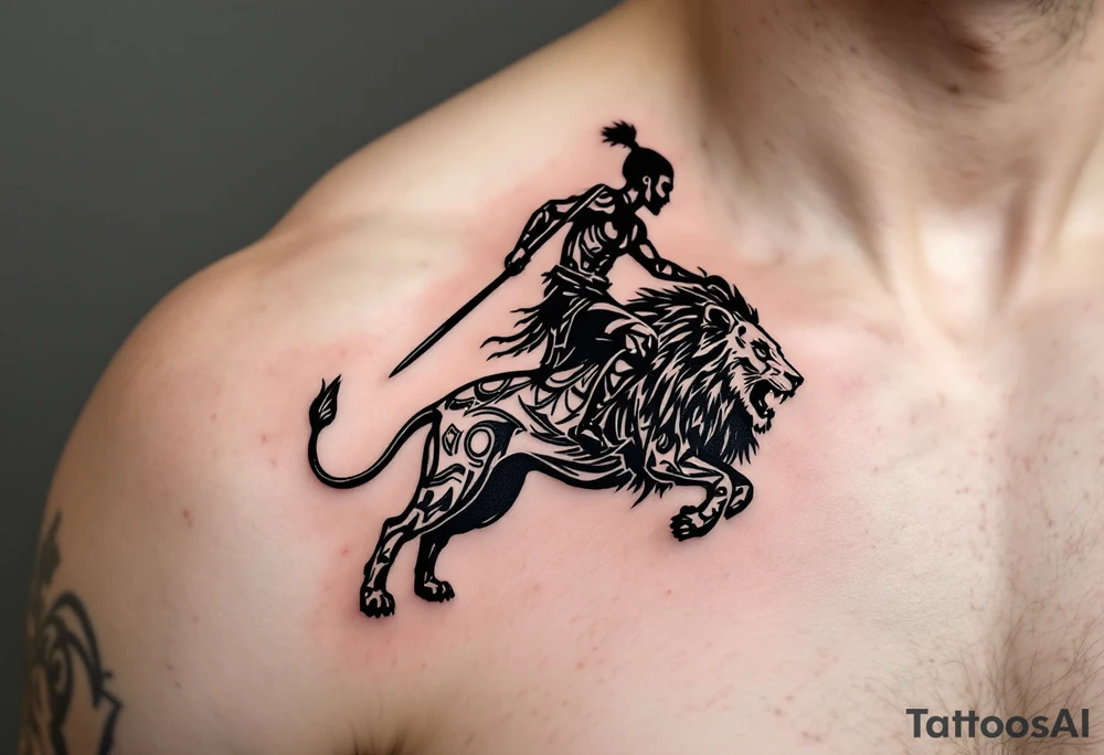 African tribal warrior riding on top of lion into battle tattoo idea