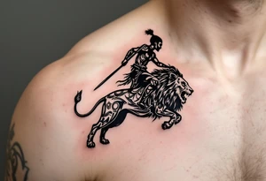 African tribal warrior riding on top of lion into battle tattoo idea