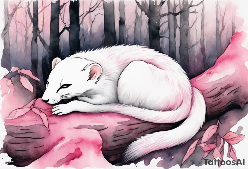 watercolor of an ermine covered in pink fur sleeping in a forest tattoo idea