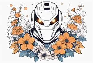 Ghost dressed like a robot, surrounded by flowers, tattoo idea