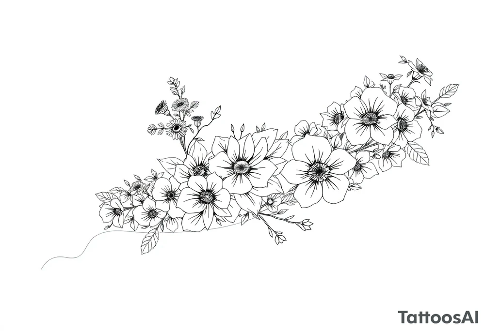 Full sleeve tattoo design of larkspur and hawthorn flowers, highly detailed line art, black ink, elegant botanical style, intertwined composition, no shading, no human mock-up, clean stencil style suitable for tattooing, fit fully within boundaries. LINE ART ONLY, REMOVE HUMAN, NO SKIN, NO ARM, NO HUMAN BODY PARTS tattoo idea