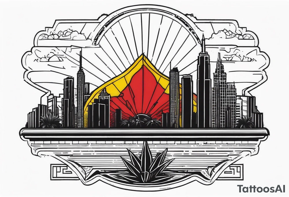 Crest with a hood on top,
13 rays of red and weld-yellow on the top half. NYC sky line
a cactus on the left side and a royal palm on the right side tattoo idea