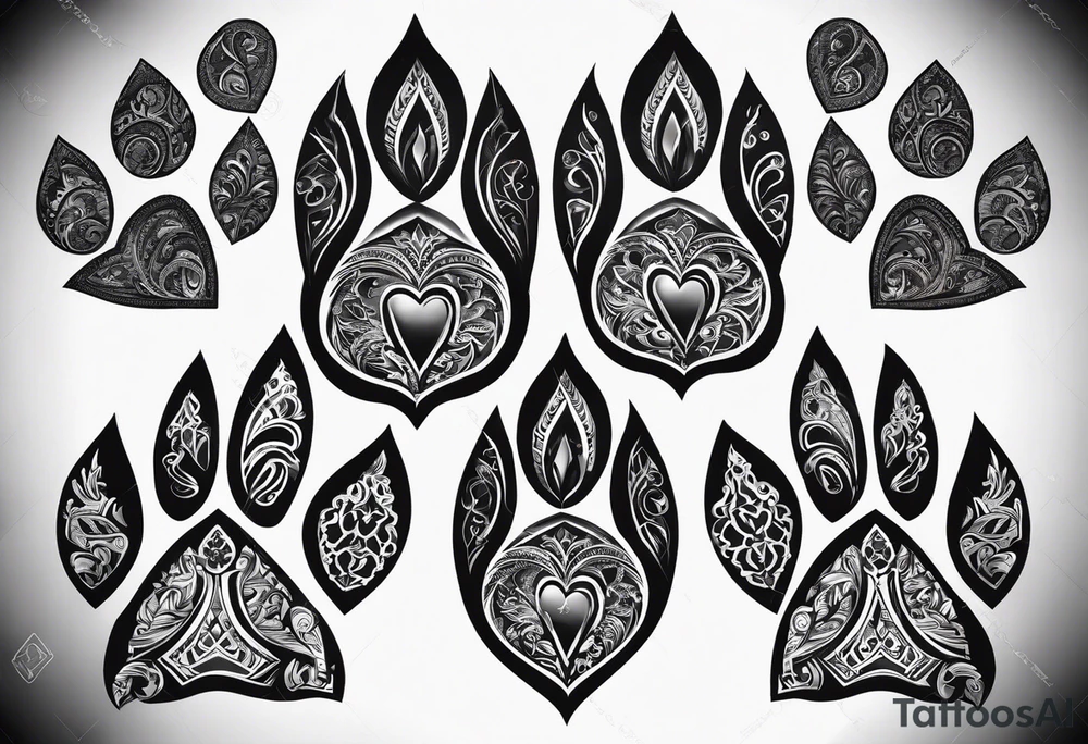 four dog paws with dark background connecting them and individual, disconnected tribal heart above them tattoo idea four dog paws with dark background connecting them and individual, disconnected tribal heart above them tattoo idea