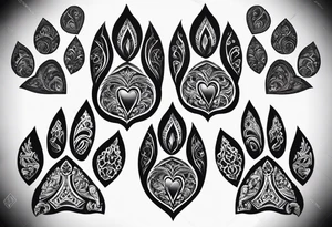 four dog paws with dark background connecting them and individual, disconnected tribal heart above them tattoo idea