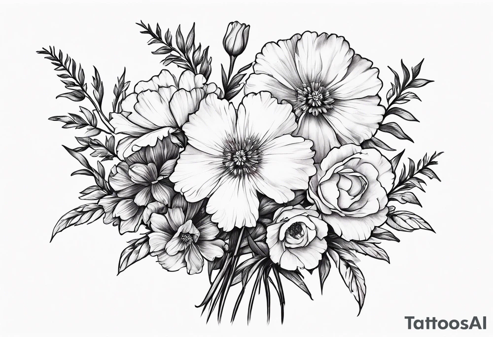 Simple Tattoo of larkspur, stemmed carnation, stemmed violet, stemmed daisy  bouquet tattoo idea