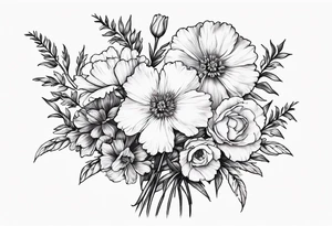 Simple Tattoo of larkspur, stemmed carnation, stemmed violet, stemmed daisy  bouquet tattoo idea