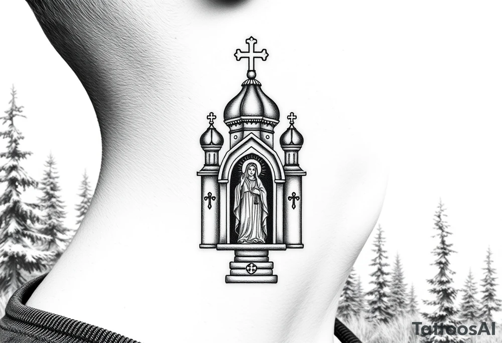 russian coat arms traditional christian orthodox cross with a virgin mary stood in the entrance of a russian orthodox dome church on the side of the neck in a wilderness setting tattoo idea