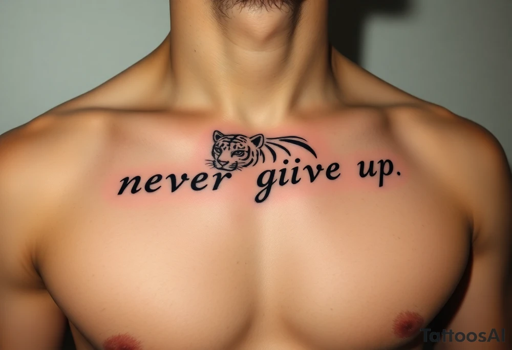 A black panter white text never give up in runes. On the collarbone tattoo idea