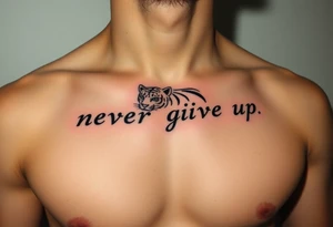 A black panter white text never give up in runes. On the collarbone tattoo idea