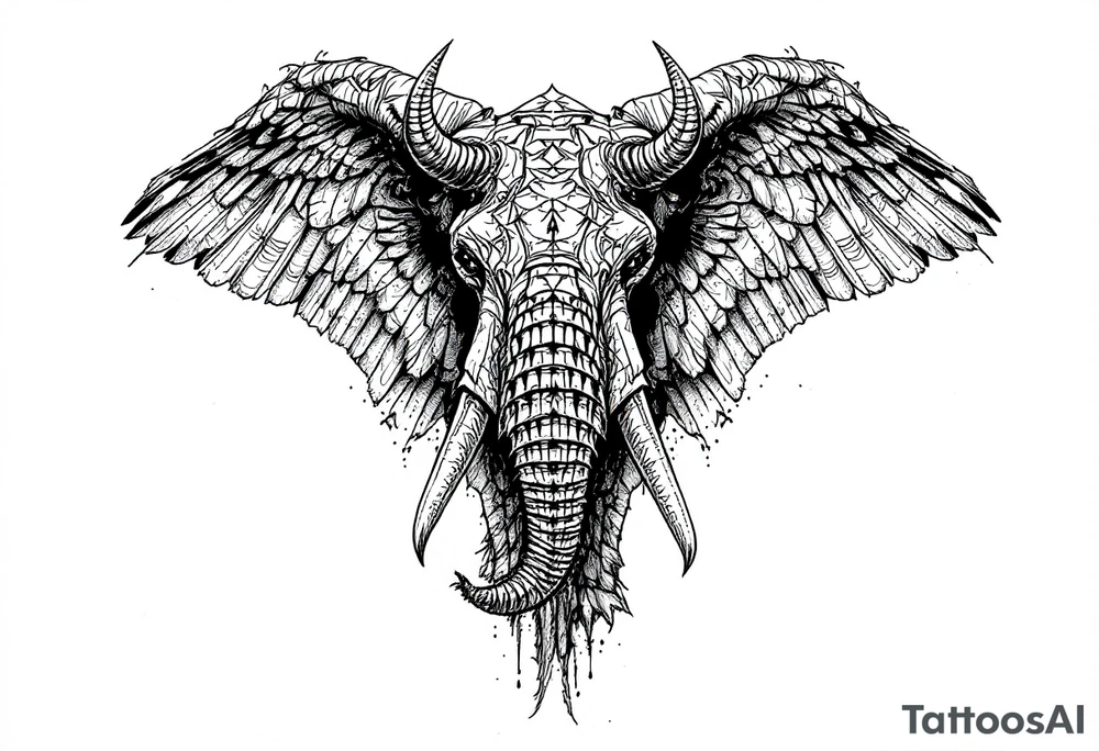 A hieroglyphic, depicting an ancient and gargantuan African elephant with horns protruding from its forehead and wings that resemble that of a falcons tattoo idea