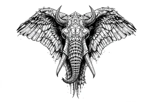 A hieroglyphic, depicting an ancient and gargantuan African elephant with horns protruding from its forehead and wings that resemble that of a falcons tattoo idea