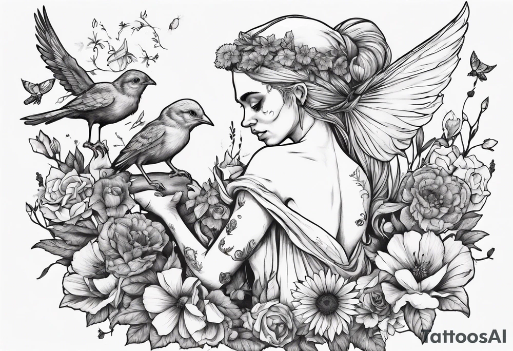 Elf carrying her dead bird in a flower medow tattoo idea