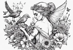 Elf carrying her dead bird in a flower medow tattoo idea