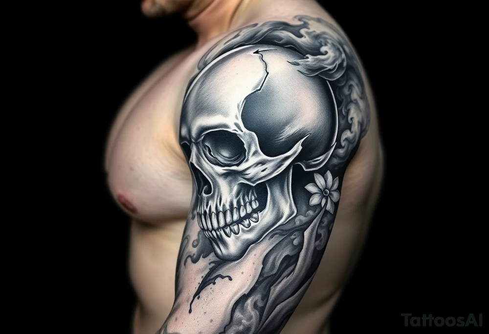 Abstract skull imagery blended into smoke and shadow, symbolizing fear used as a weapon, fragmented skull dissolving into mist, tactical darkness, psychological warfare theme, blackwork realism, dramatic contrast, tattoo design. tattoo idea