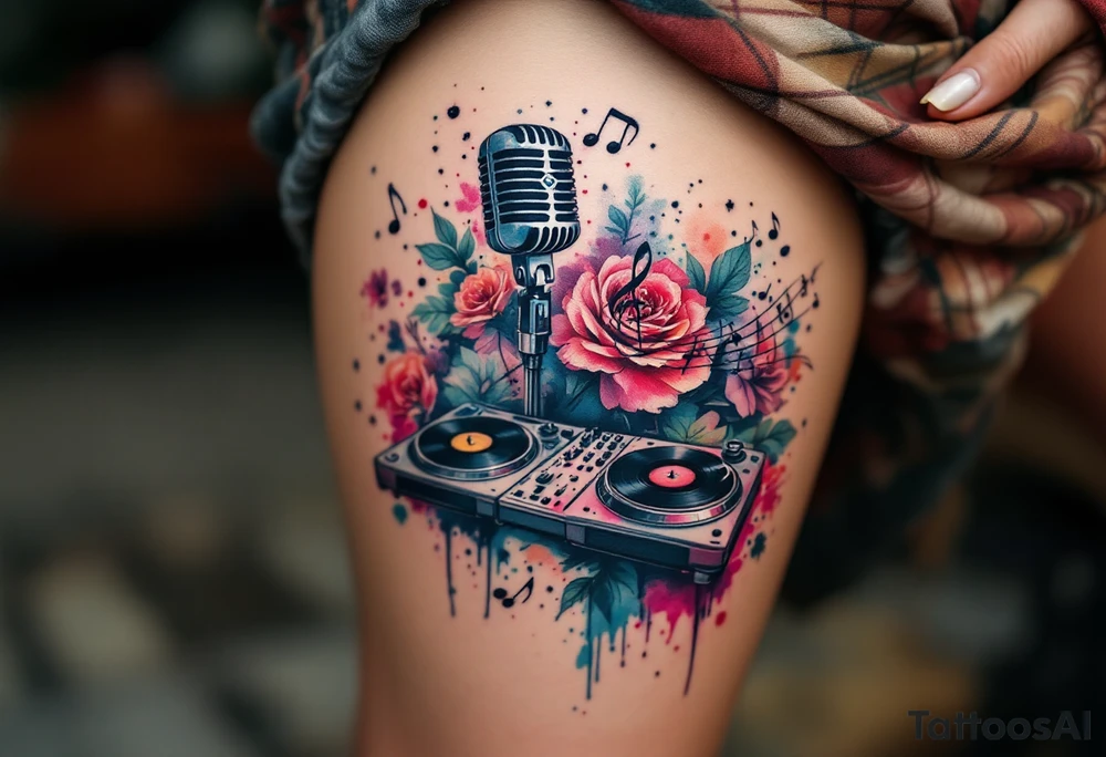 Microphone turntables and music notes graffiti style on a woman's thigh tattoo idea