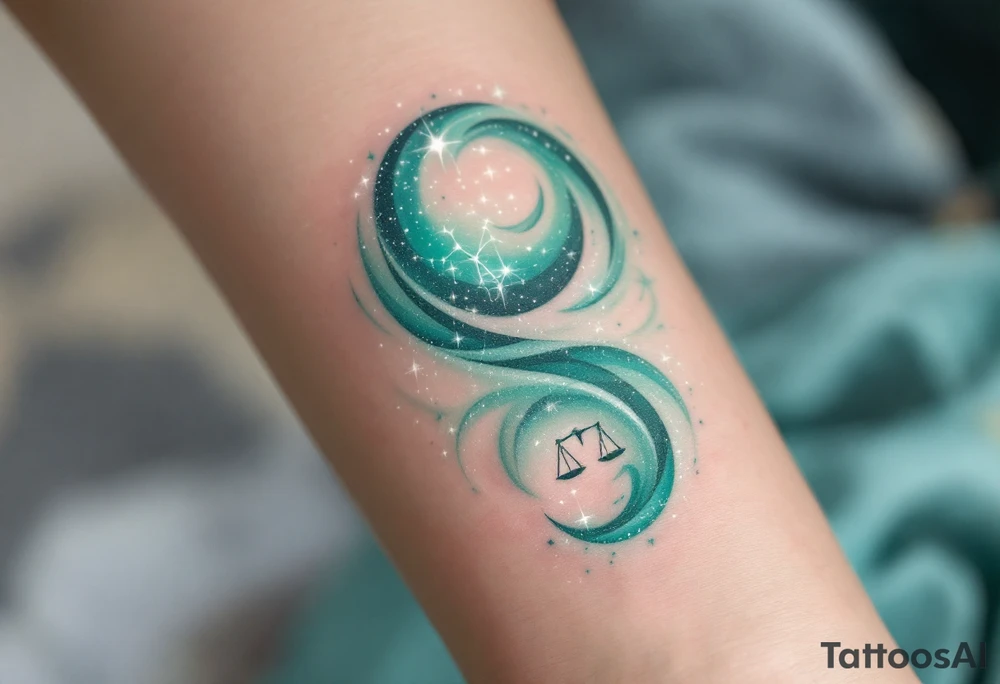 The Libra symbol in soft pastel green shines below a swirling galaxy that reveals the star constellation in white ink. tattoo idea