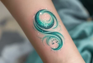 The Libra symbol in soft pastel green shines below a swirling galaxy that reveals the star constellation in white ink. tattoo idea