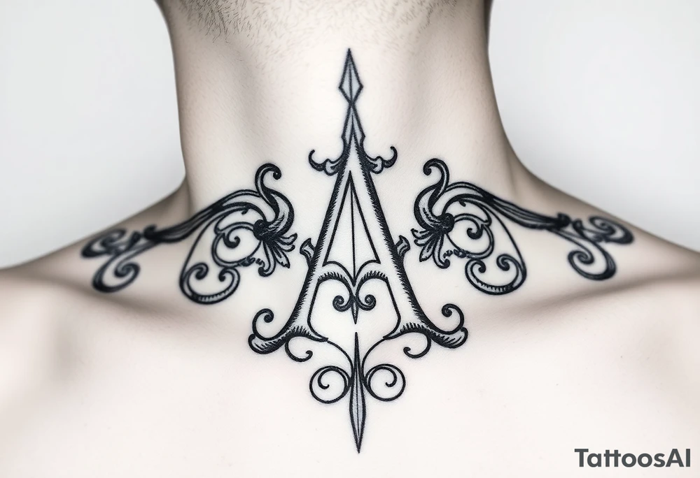 Create a center of the throat tattoo using old english font of Letter A with a background to cover whole throat area tattoo idea