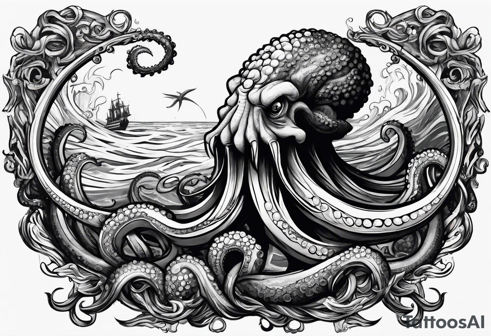 Kraken octopus tentacles grabbing Poseidon thrusting trident into monster deep ocean stormy tattoo idea