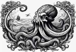 Kraken octopus tentacles grabbing Poseidon thrusting trident into monster deep ocean stormy tattoo idea