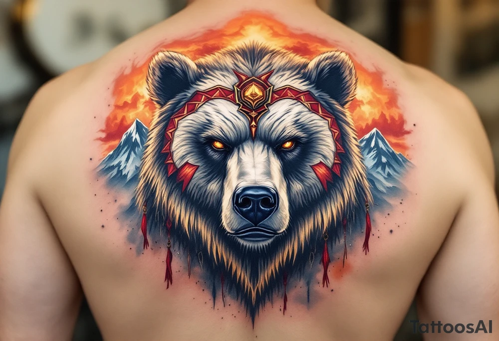 Slavic Bear – A giant bear with piercing amber eyes, decorated with red and gold war markings, standing before a mountain under a burning sky. tattoo idea