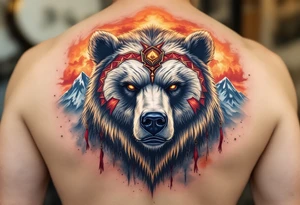 Slavic Bear – A giant bear with piercing amber eyes, decorated with red and gold war markings, standing before a mountain under a burning sky. tattoo idea