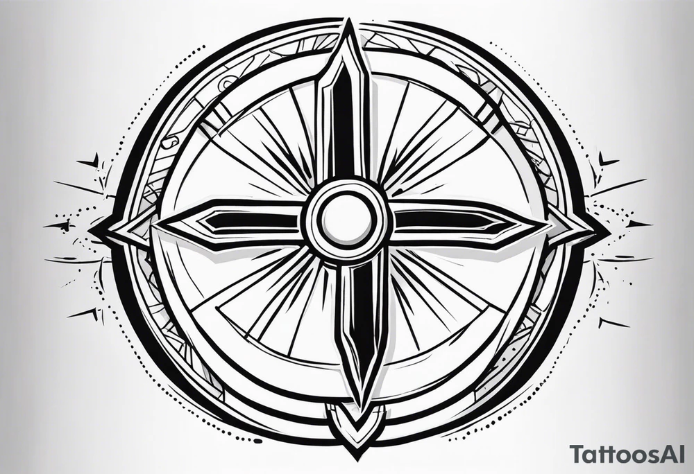 shoulder armor piece with a cross in the center and a sun on the side tattoo idea