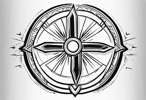 shoulder armor piece with a cross in the center and a sun on the side tattoo idea