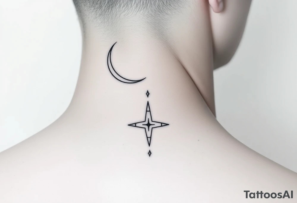 A minimalist crescent moon neck tattoo with a sleek, modern design. The crescent moon is positioned at the top, curving to the left, with a thin, clean line. Below the moon, there is a vertical line intersected by a sharp, star-like shape with four points. The star shape has elongated top and bottom points, giving it a clean, symmetrical look. The tattoo is placed behind the ear, following the natural curve of the neck. The lines are crisp and delicate, creating a stylish, celestial vibe." tattoo idea