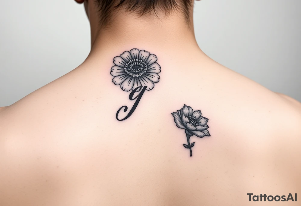 Initial g in cursive added into the October birth flower (marigold) small dainty behind the ear tattoo idea