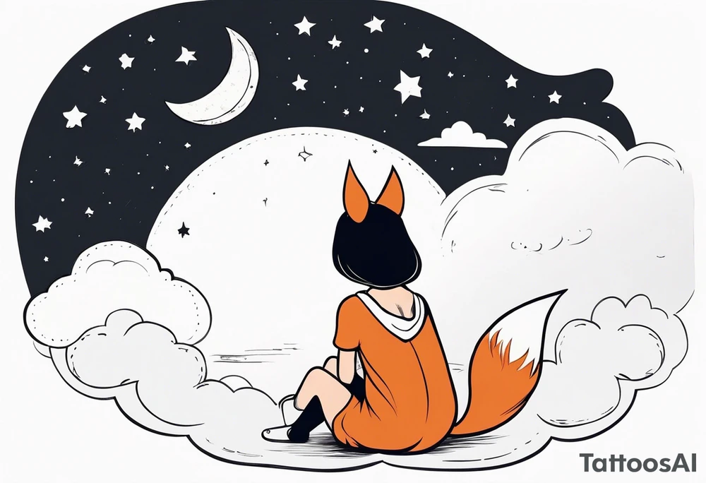 A little girl and a fox looking at the moon, sitting on a cloud we see them from behind tattoo idea
