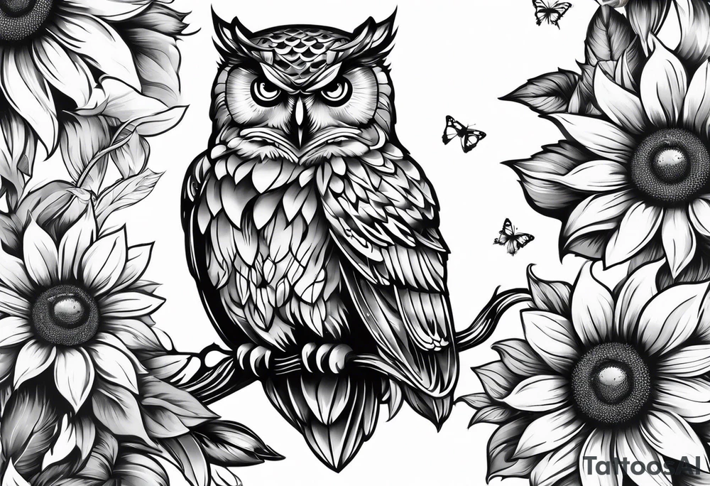 Sleeve with an owl, sunflower and butterfly tattoo idea