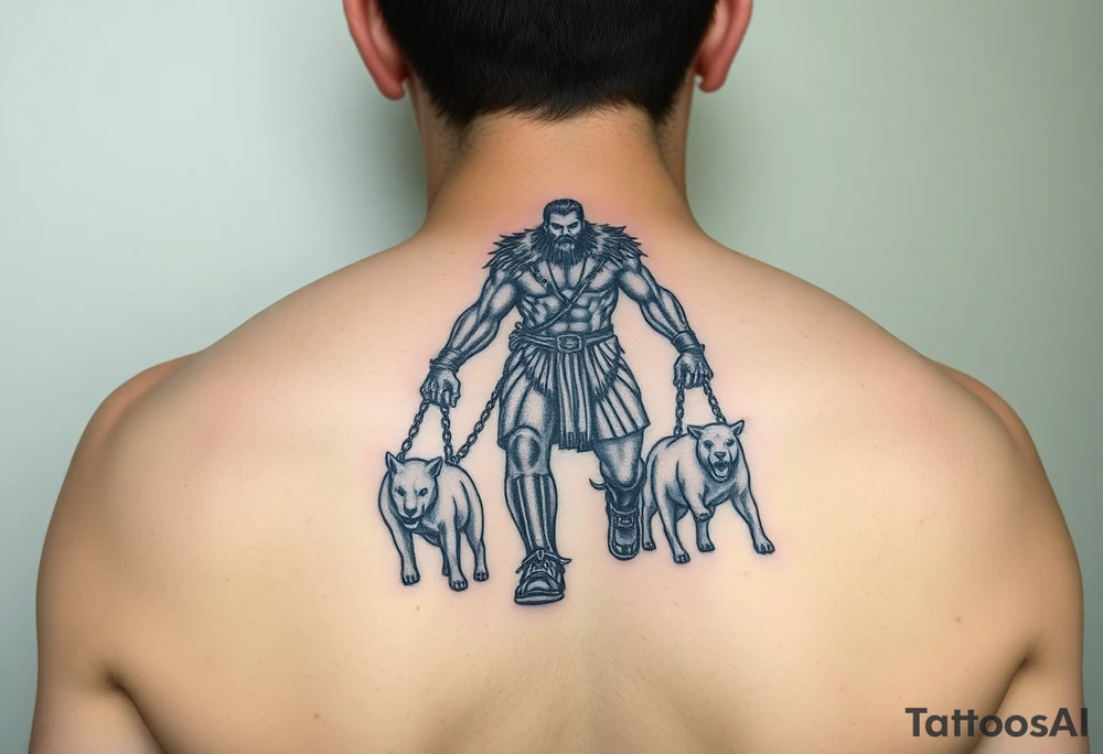 A giant walking with animals that are chained up tattoo idea