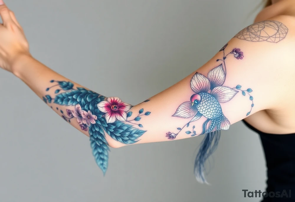 Peacock , orchid flowers, Coi fish tattoo idea