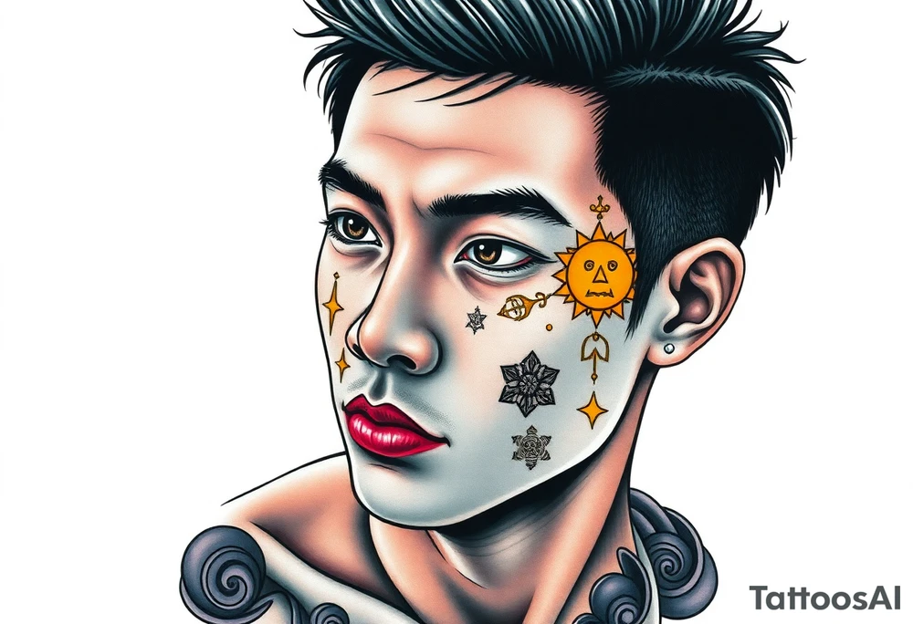 Handsome Asian young guy is drowning symbols on his face tattoo idea