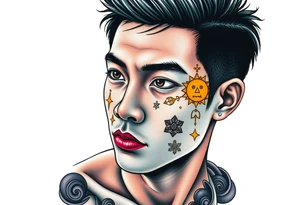 Handsome Asian young guy is drowning symbols on his face tattoo idea