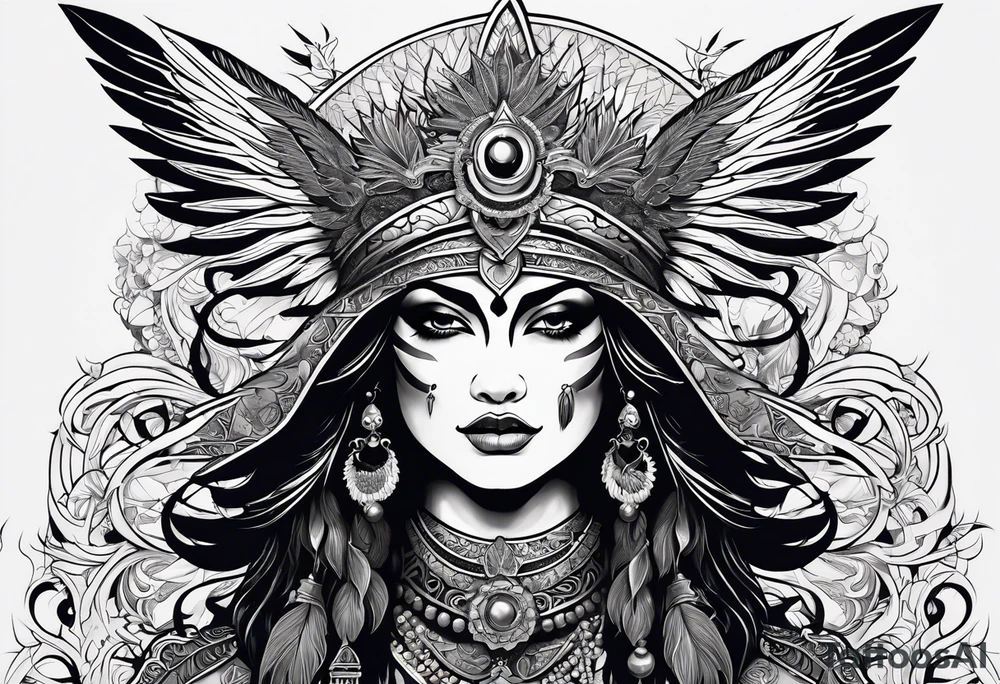 kali, goddess pirate, pachamama, valkrye, warrior, skull, lotus azul, wing, eagle, zenza resonance, stars tattoo idea