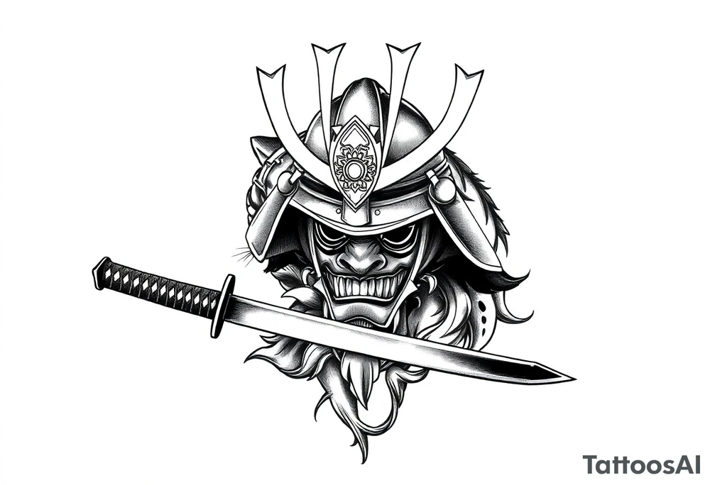 Samurai helmet resting on a katana blade, fierce tiger emerging behind it, traditional Japanese tattoo design, blackwork with soft grey shading, intense energy, bold line art, framed composition for forearm tattoo with full sleeve in mind, sketch ink style, minimal background, ration 2:3 vertical tattoo idea