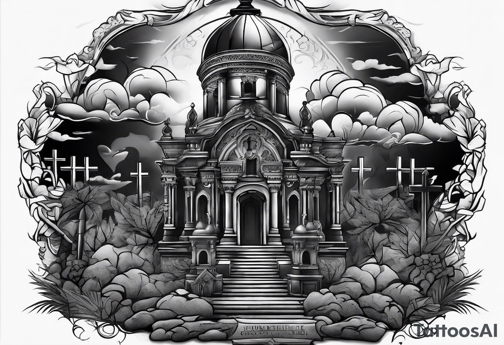 Tomb with smoke and crosses tattoo idea