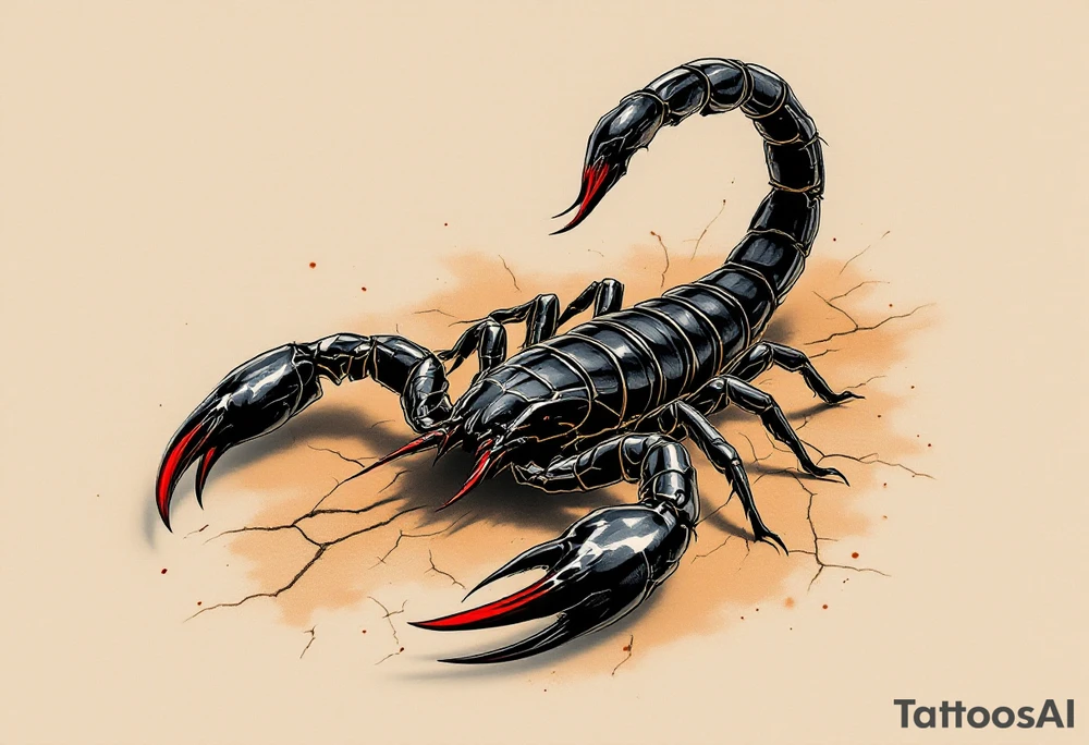 A fierce black scorpion with glossy obsidian armor, tipped with deep crimson on its pincers and venomous stinger, poised in a striking position atop cracked desert sand in shades of golden brown and burnt orange. tattoo idea